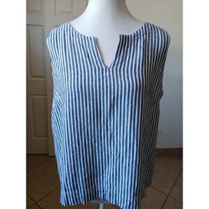 Liz ClaiborneLinen Blend White Navy Striped Sleeveless V-Neck  Shirt Size Small